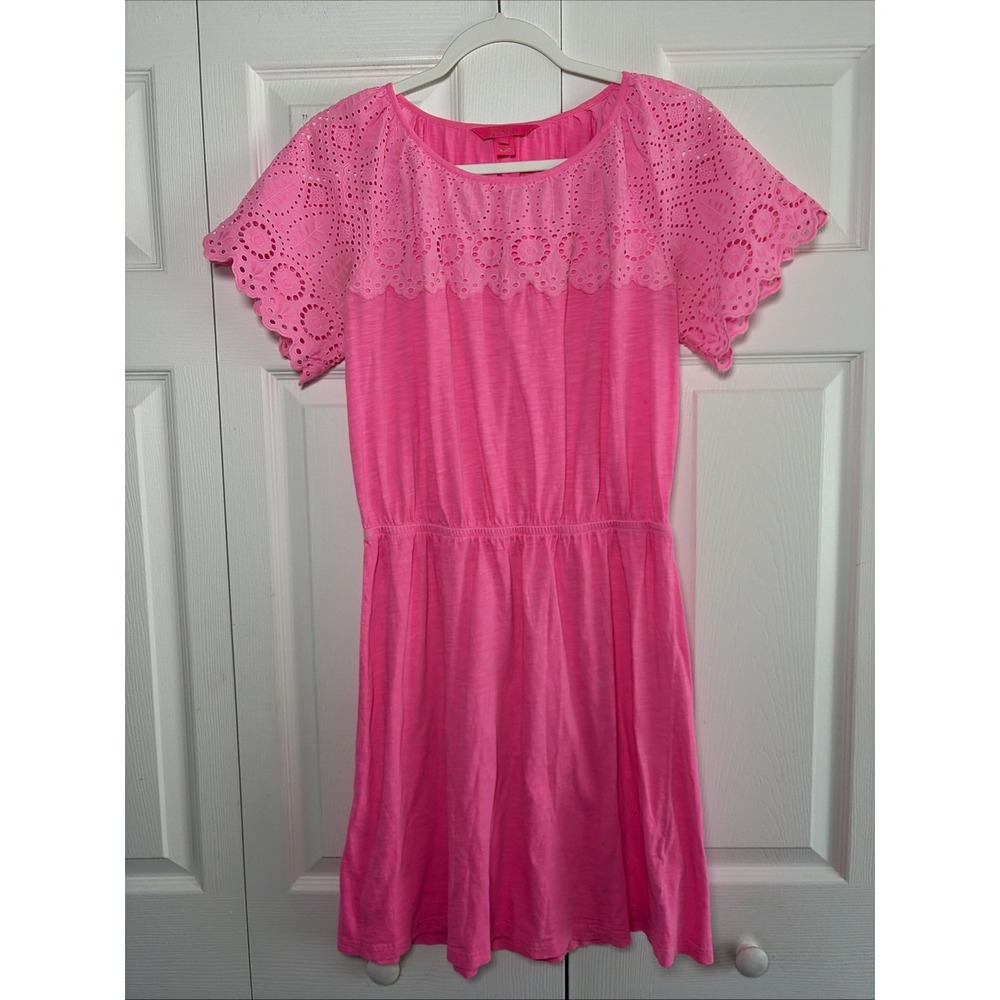 Lilly Pulitzer Eyelet T-Shirt Dress Womens Size M Pink Short Sleeve Cotton Boho